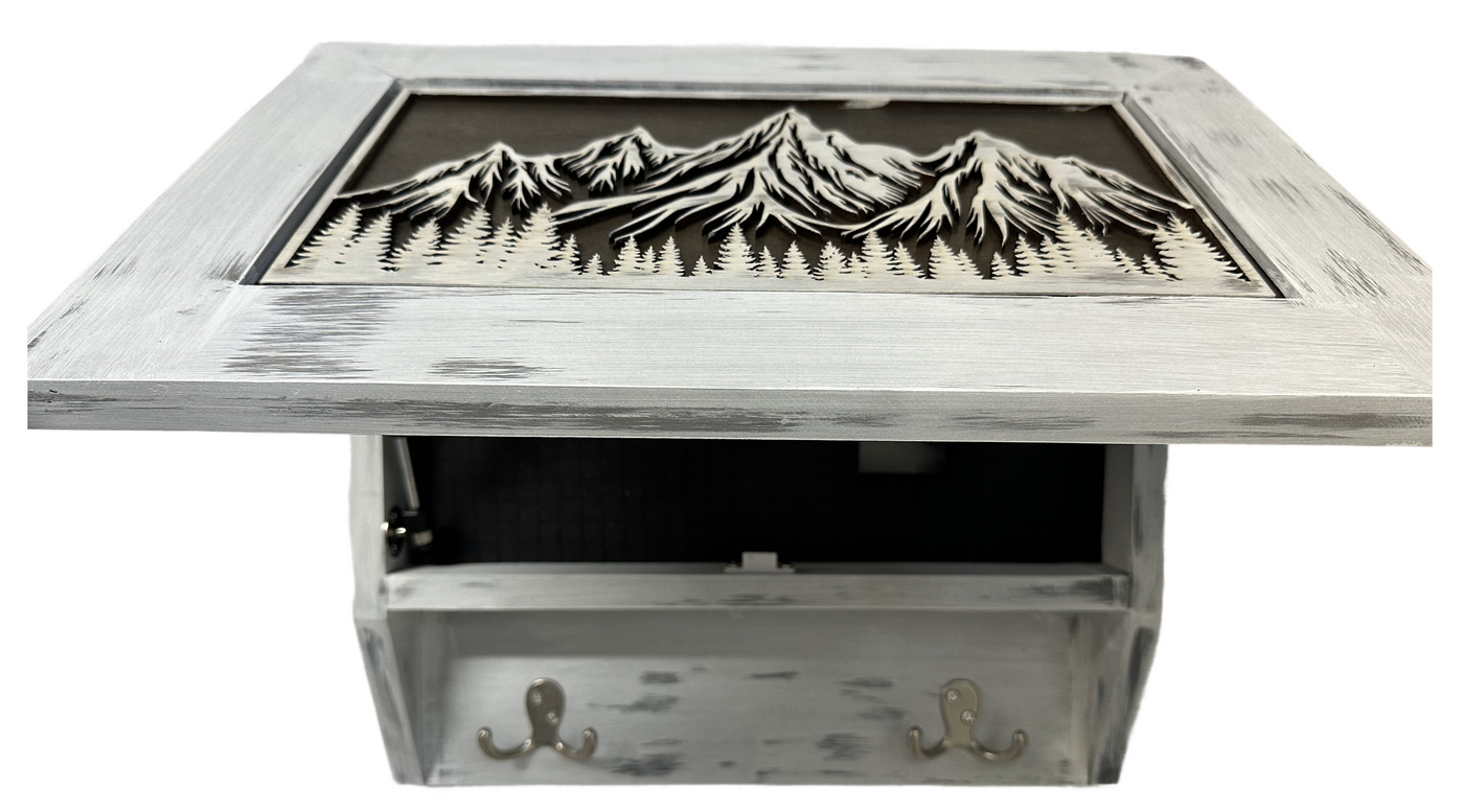 Snowcapped Mountain Scene Wall-Mounted Gun Cabinet – Hidden Lockable Storage with Rustic Charm