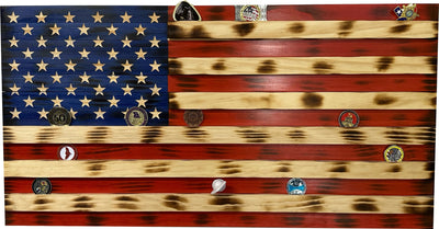 American Flag Challenge Coin Display and Hidden Gun Cabinet, Military Coin Holder Holds 100 Coins and is Ready to Hang, Large US Flag Patriotic Art 38.5" x 19.5"
