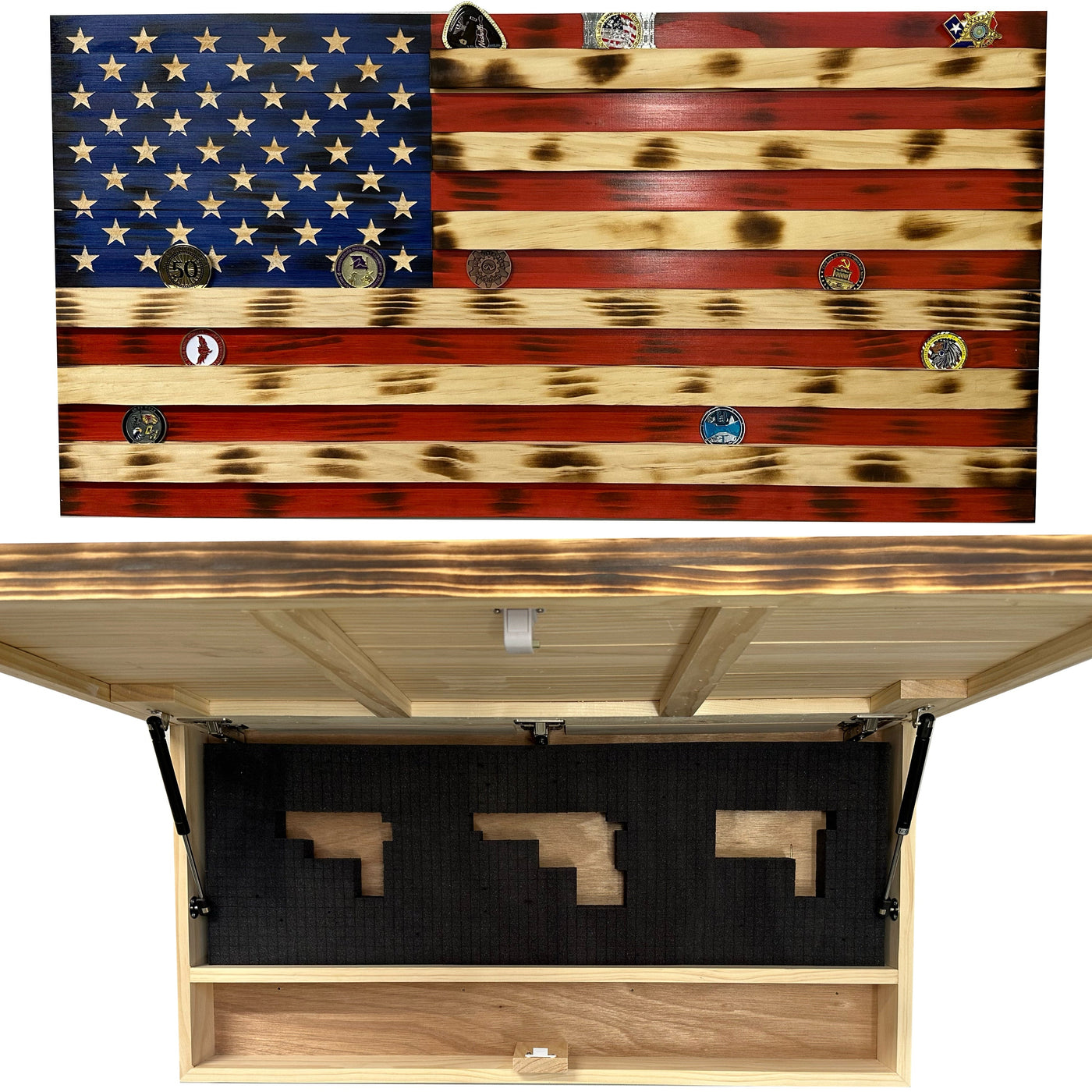American Flag Challenge Coin Display and Hidden Gun Cabinet, Military Coin Holder Holds 100 Coins and is Ready to Hang, Large US Flag Patriotic Art 38.5" x 19.5"