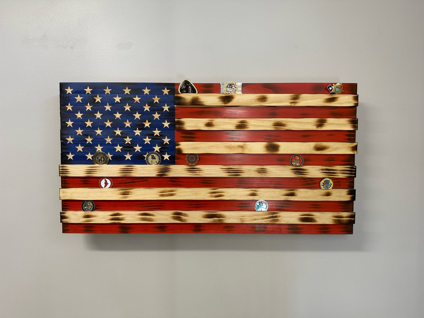 American Flag Challenge Coin Display and Hidden Gun Cabinet, Military Coin Holder Holds 100 Coins and is Ready to Hang, Large US Flag Patriotic Art 38.5" x 19.5"