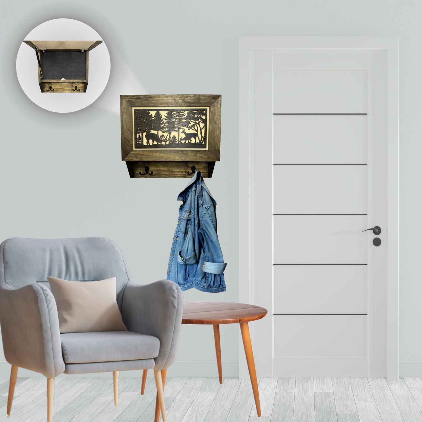 Deer Scene Wall Mounted Gun Cabinet Coat Rack – Secure & Stylish Wall Decor Hidden Firearm Concealment Furniture Key Hanger Deer Hunter Gift