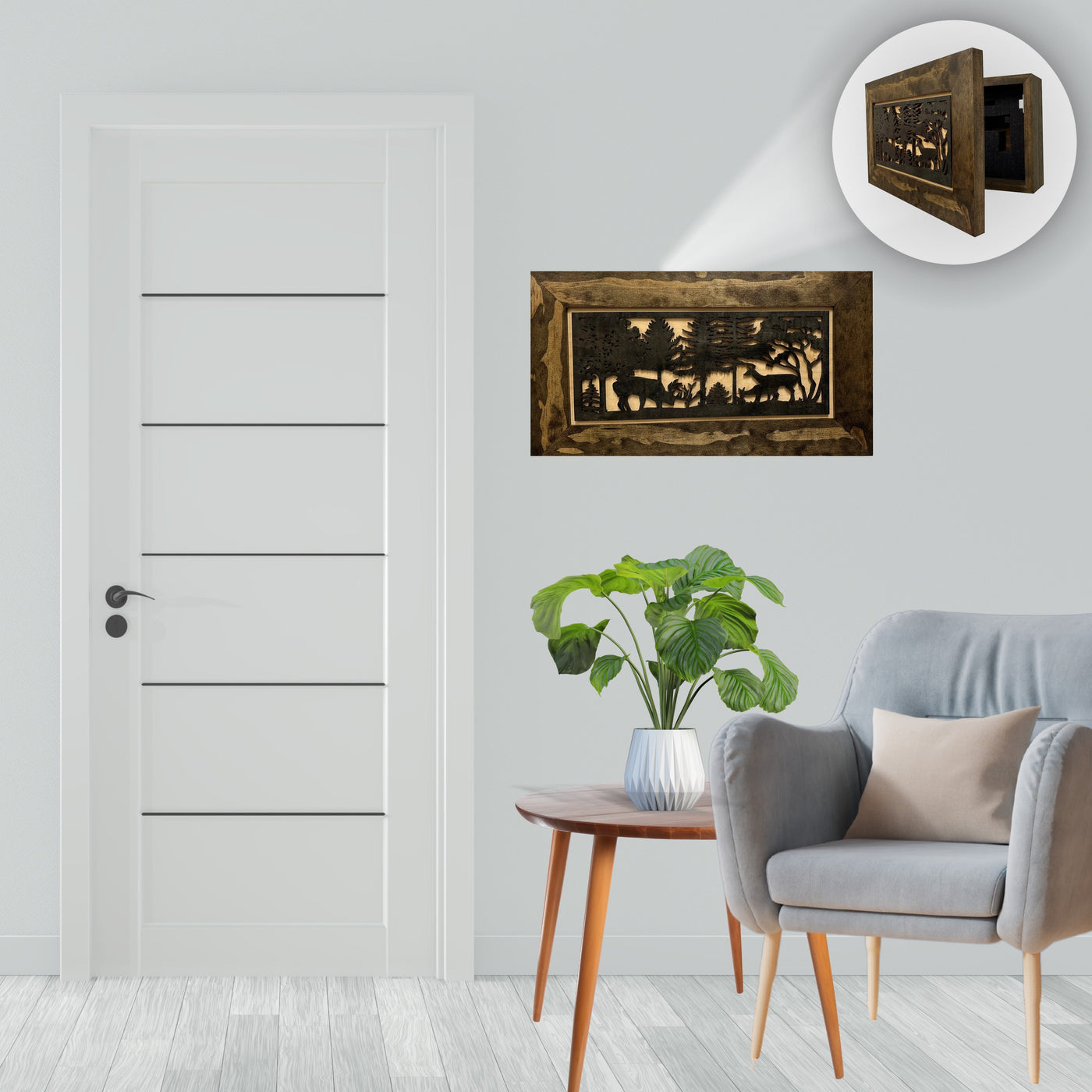 Hidden Gun Safe - Deer Scene Wall Gun Cabinet - Hidden Wall Storage - Wood Gun Cabinet - Handcrafted Gun Concealment Furniture - Hidden Gun Storage by Bellewood Designs